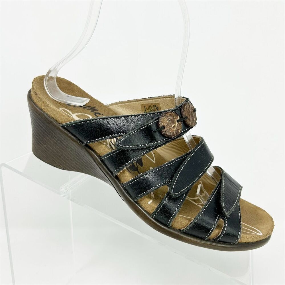 Romika Women's Black Leather Slide Wedge Sandals Size 37 (US 6-6.5) Casual